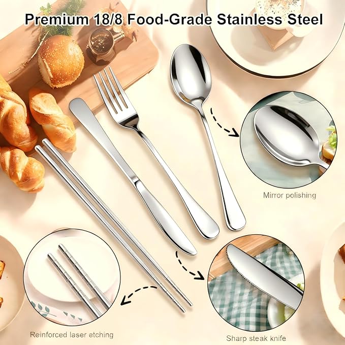 Reusable Travel Utensils Set with Case, Premium Stainless Steel Flatware, Portable Silverware for Lunch, Camping, Picnic, Travel Fork and Spoon Set, To Go Utensils, Dishwasher Safe (Silver)