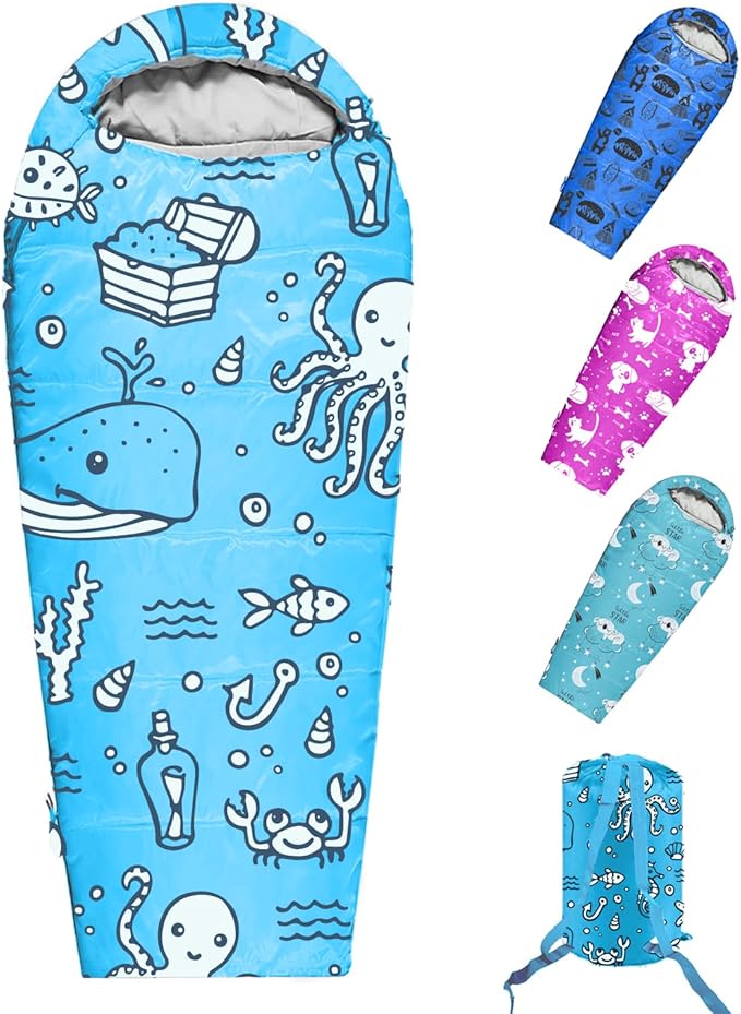 KidzAdventure Mummy Style 32 – 59F Kids Sleeping Bag with Pillow Sleeve, 4 Season, Lightweight and Backpacking Style, Ideal for Camping, Sleepover, Boys, Girls, and Youth