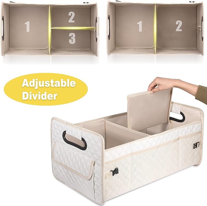 JiatuA Car Trunk Organizer for SUV, Car Storage Organizer Collapsible Multi Compartment Container Box, Adjustable Car Accessories for Women/Men, Large Beige