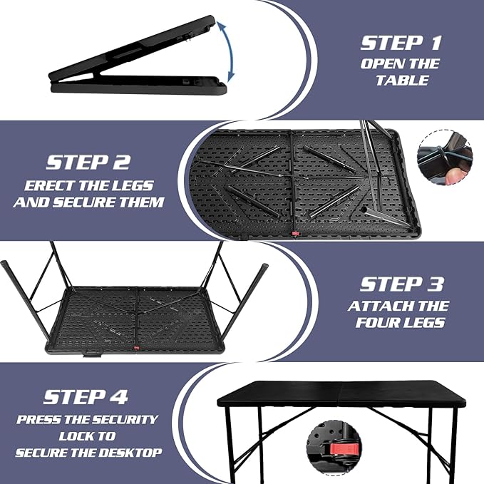Camp Field 4ft Heavy Duty Portable Table, for Friends Folding Table for Indoor & Outdoor Picnic & Card Table for Picnic, Party, Camping...(Black, 4FT)