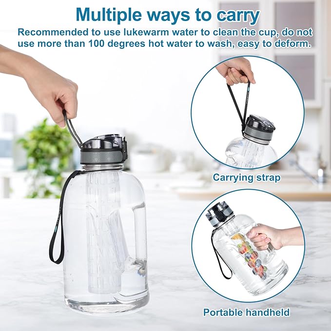 UTEBIT 74 OZ Fruit Infuser Water Bottle, Half Gallon Insulated Sports Water Bottle With Straw, 2.2L BPA Free Leak Proof Tritan Large Water Jug with Strap for Gym, Camping, Travel, Outdoor