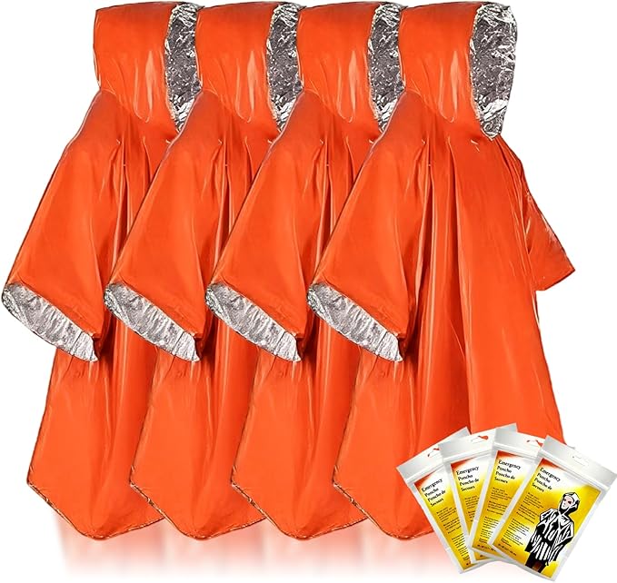 4 Pack Emergency Rain Ponchos, Emergency Insulation Blanket, Portable Outdoor Kit, Hurricane Preparedness Items, Waterproof, Windproof, Suitable For Camping Gear, Outdoor Travel(Orange)