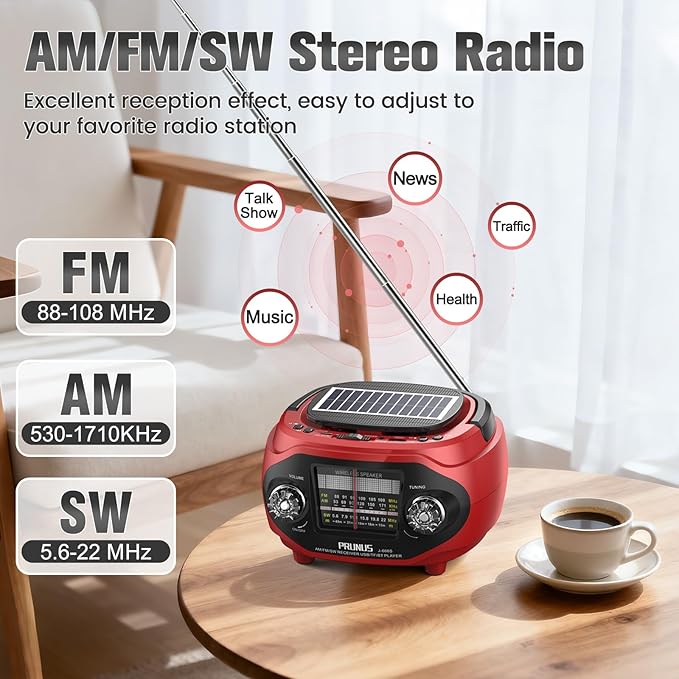 PRUNUS 15W Retro Bluetooth Speaker with Rich Bass Stereo Best Sound, Radio Portable AM FM, Solar/USB Rechargeable,Vintage Speaker Support AUX/USB Drive, Home,Party, Gift (2026 Update)
