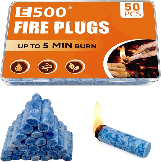 E500 Fire Plugs Fire Starters, 50 Pack, Non-Toxic & Clean Burning, Reliable Fire Starter for Camping, Grilling, Fireplaces & Survival