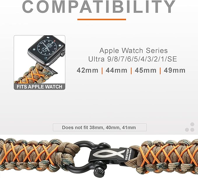 Savior Survival Gear Paracord Band,Compatible with Apple Watch Band 49mm 46mm 45mm 44mm 42mm,iWatch Band Series Ultra 10 9 8 7 6 5 4 3 2 1 SE,Adjustable strap for men (Brown-Brown Camo-Orange,Large)