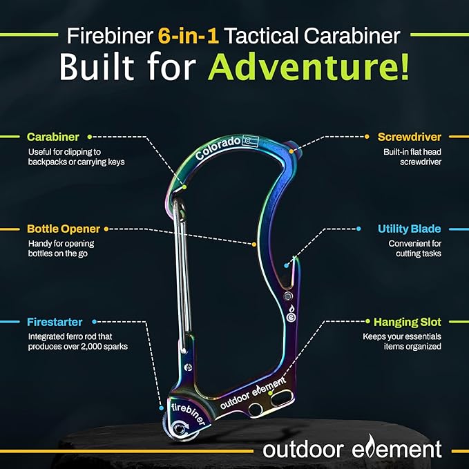 OUTDOOR ELEMENT Firebiner Custom Engraved 6-in-1 Fire Starter Carabiner Multitool – Survival Gear EDC Keychain with Utility Blade, Bottle Opener, Screwdriver, Emergency Tool