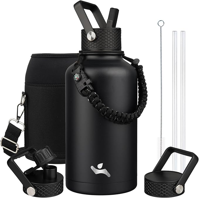 Konokyo Half Gallon Insulated Water Bottle with Straw,64 oz 3 Lids Water Jug with Carrying Bag,Paracord Handle,Double Wall Vacuum Stainless Steel Metal Flask,Black