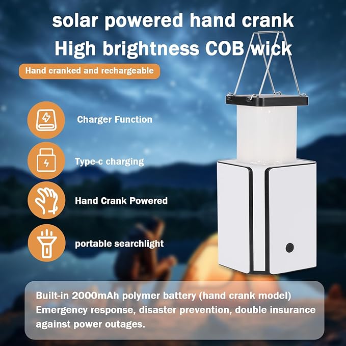 2Pack Solar LED Rechargeable Emergency Camping Lantern,Wram White Solar Rechargeable,Rechargeable Type C,Emergency Lights Hand-Crank Power Generation,Phone Power Supply Function,flashlights
