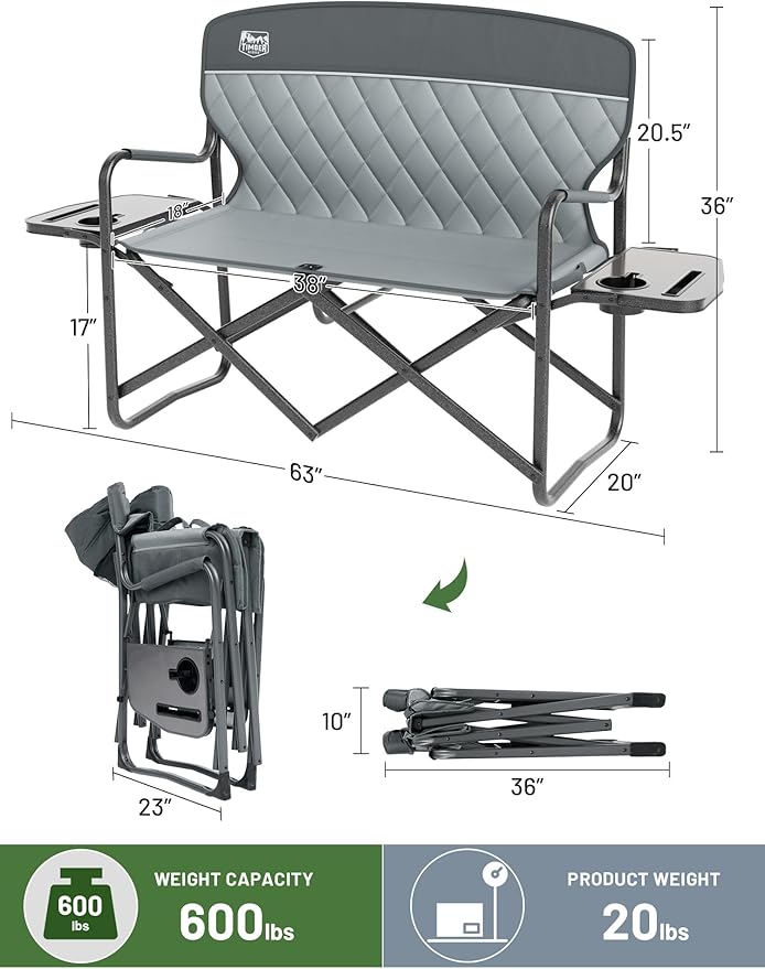 TIMBER RIDGE Double Camping Chair Portable Loveseat, Heavy Duty Folding Camp Couch, 2 person Director Chairs with Cup Holder for Outdoor Lawn Tailgates Picnic Sports Soccer Games Supports 600 lbs Grey
