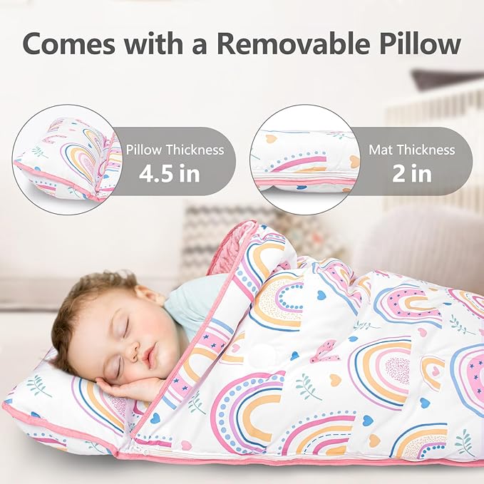 Primlect Toddler Nap Mat Extra Large Thickened 55''x35'', Soft Sleeping Bag with Detachable Minky Blanket and Pillow, Portable for Daycare, Preschool, Kindergarten, Travel, Boys and Girls