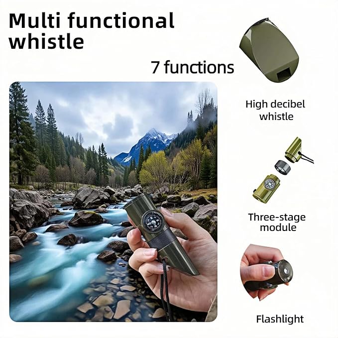 Emergency 7-in-1 Survival Whistle Kit:120dB Loud Safety Whistle with Compass,Thermometer, LED Light ,Signal Mirror & Waterproof Case for Outdoor Adventures Fire Starter for Hiking/Camping/Water Safety