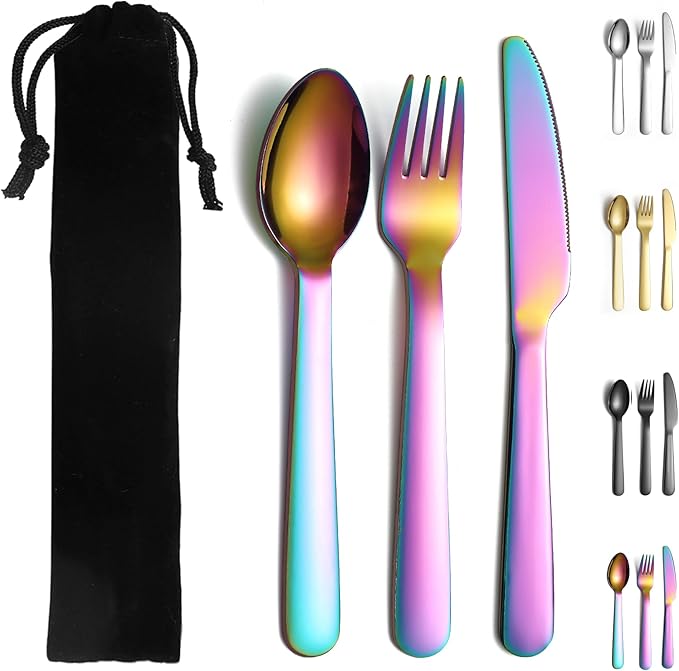 Evanda 3 Piece Portable Silverware Set, Include Knife Fork Spoon, Rainbow Titanium Plating Camping Cutlery Set With Black Bag, For Home Kitchen Camping Travel, Dishwasher Safe