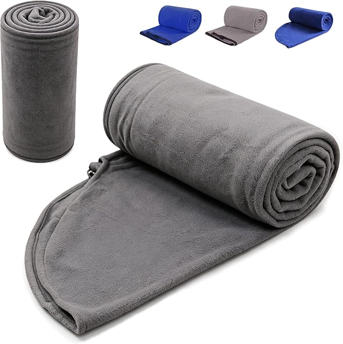 REDCAMP Fleece Sleeping Bag Liner with Hood for Adult Warm or Cold Weather, Long Full Sized Zipper Camping Blanket with Sack for Outdoor Indoor Used, Grey 87"