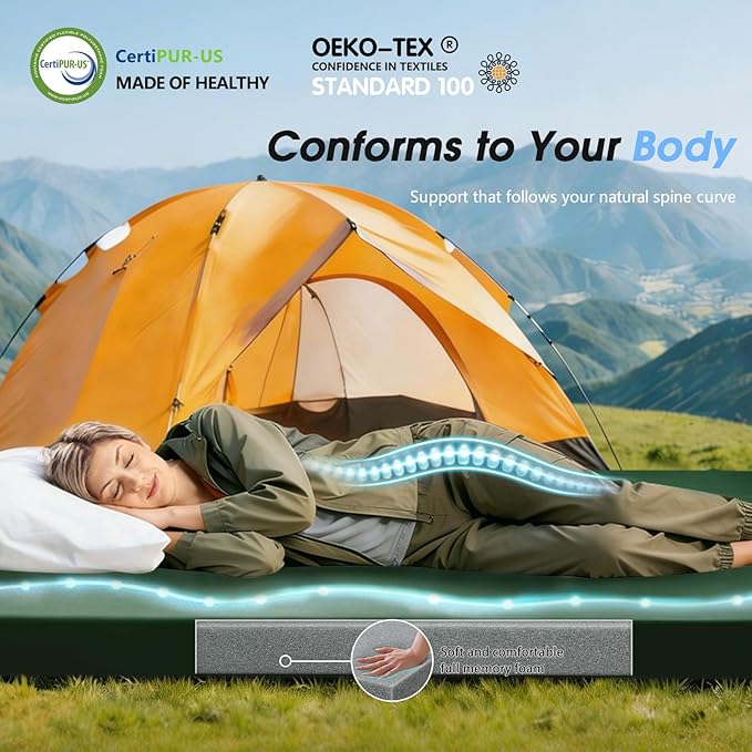 CYMULA Memory Foam Camping Mattress Pad,3inch Sleeping Pad for Camping,Non-Slip Bottom Floor Cot Car Mattress Bed with Retaining Portable Roll up Mattress Pad Mat for Travel Truck Guest Bed Tent