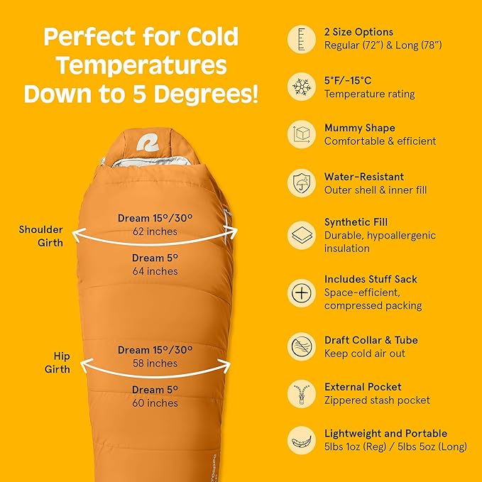 Retrospec Dream Mummy Sleeping Bag - 5, 15, & 30°F Cold Weather Camping & Travel Essential Gear with Water - Resistant Shell & Synthetic Fill - Zippered Pocket & Stuff Sack