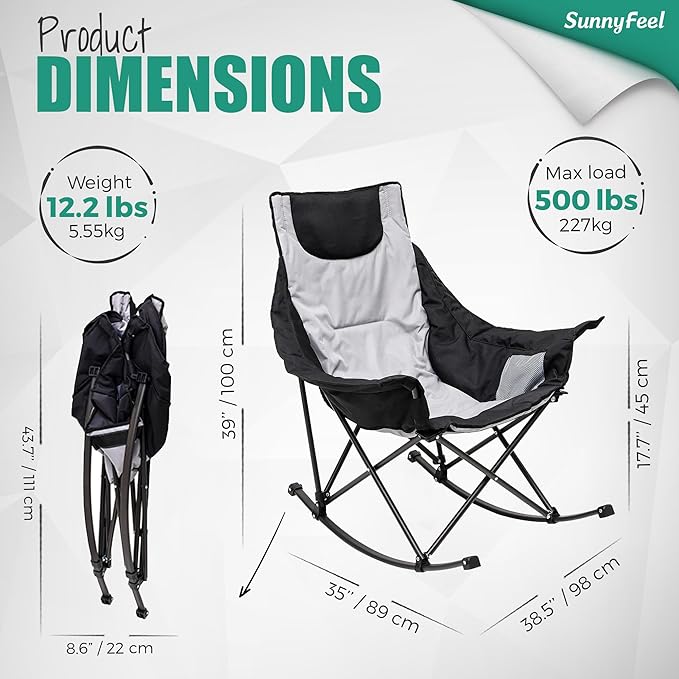 SUNNYFEEL Oversized Rocking Camping Chair 2 Pack, Fully Padded Patio Chair with Side Pocket, High Back Portable Lawn Recliner with Carry Bag, Outdoor Rocker Camp Chairs for Adults Heavy Duty 500 LBS