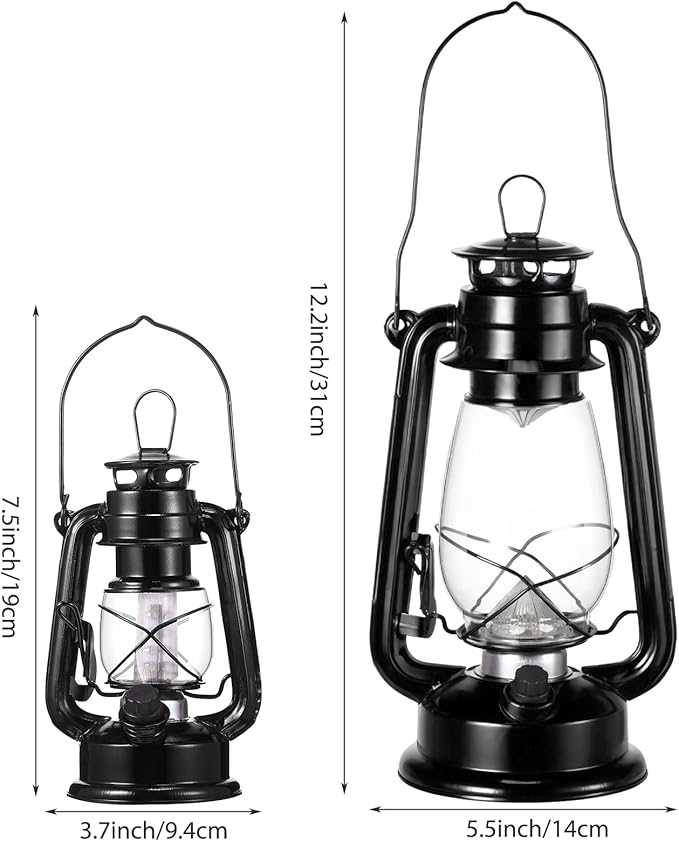 Hortsun 6 Pcs 12 Inch Vintage LED Hurricane Lantern Metal Black Outdoor Battery Operated Hanging Lantern with Warm LEDs and Dimmer Switch for Indoor Rustic Farmhouse Country Camping Decor