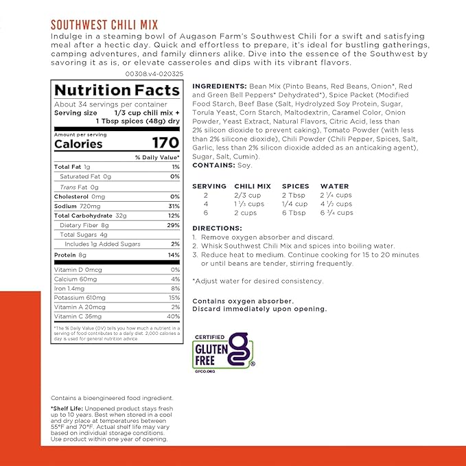 Southwest Chili Mix Emergency Food Supply, 34 Servings, 10 Year Shelf Life, 8 Grams of Protein per Serving, Certified Gluten Free - Dehydrated Meals, Survival Food Camping Essentials Can