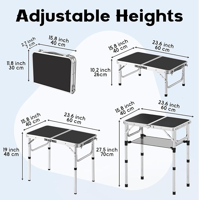 YihuiKo Small Folding Table, Aluminum 24" x 16" Adjustable Height Max 27.5" Folding Camping Table with Carrying Handle, Lightweight, Portable Camp Table for Outdoor Indoor Picnic Beach, Black