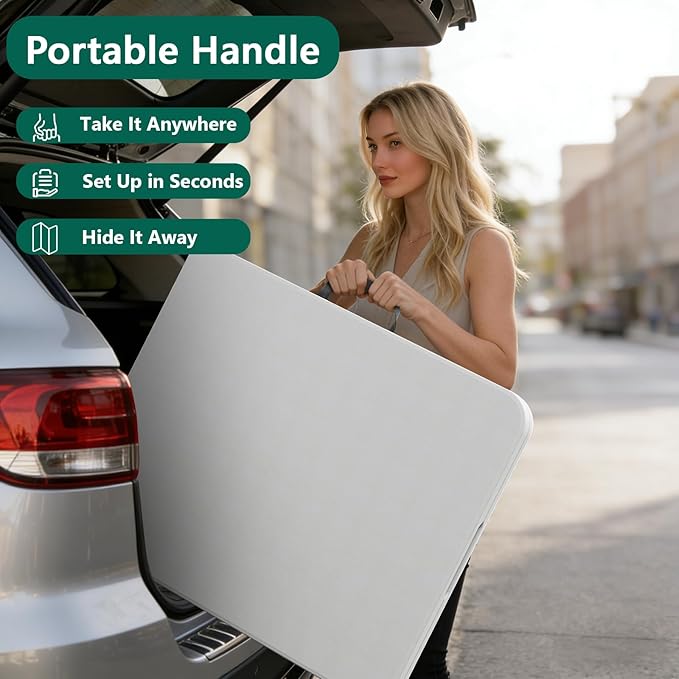 Folding Table 72" x 30" - Heavy Duty Plastic Table with Handle, Foldable & Portable, Fold-in-Half Utility Tables for Outdoor, Dining, Wedding, Events, Indoor, Picnic, Camping, Party (White)