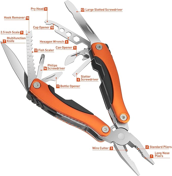 5 Packs Needle Nose Pliers, Multi Tool, Hiking Essentials, Fathers Gifts, Multitool Pliers, Camping Knife with Holster and Nylon Sheath for Outdoor, Fishing, Hunting, Hiking by WIWUE GUO(orange)
