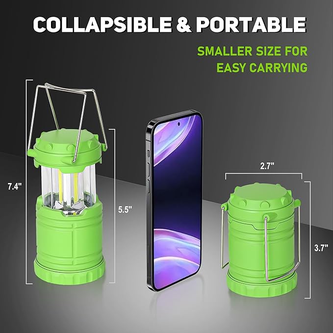 2-Pack Mini LED Green Camping Lanterns, Portable Camping Lights, Outdoor Handled Lamps, Essential Emergency Lights for Power Outages, Hiking, Hurricane