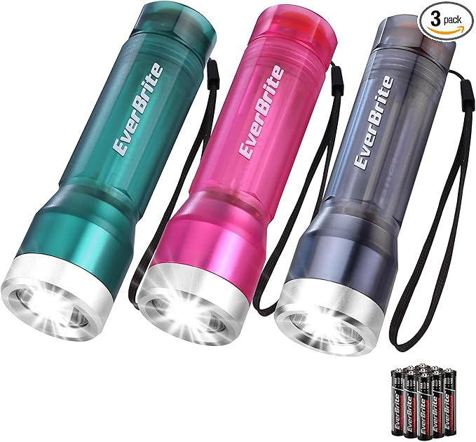 EverBrite 3-Pack Small Flashlight, Compact LED Flashlights with 3 Modes, Water-Resistant Mini Flashlight for Home, Camping, and Emergencies, 3 AAA Batteries Included, Assorted Colors