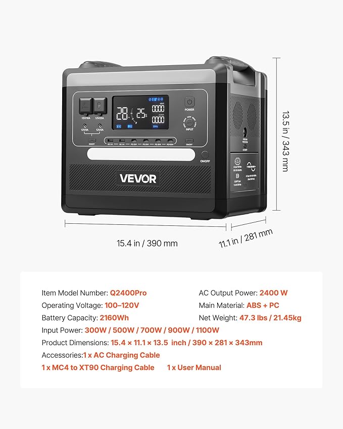 VEVOR Portable Power Station, 2400W 2160Wh Power Station Solar Generator with 10 Output Ports & Adjustable Input Power, Expandable LiFePO4 Battery Backup for Home Camping RV (Solar Panel NOT Included)
