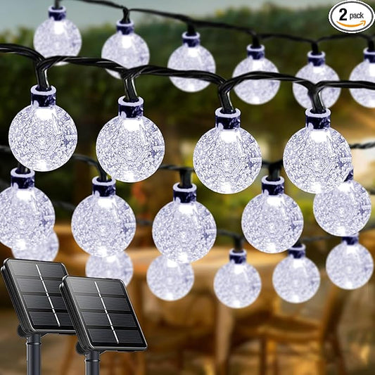2-Pack 72FT 120 LED White Crystal Globe Solar String Lights Outdoor, Waterproof Solar Powered Fairy Lights for Outside, 8 Lighting Modes Patio Decorations for Garden Yard Porch Wedding Party Tree