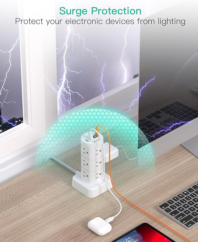 Power Strips with Surge Protection, Flat Plug Power Strip with 12 Outlets 4 USB Ports, Charging Station Tower 1875W/15A 1080J 6Ft Extension Cord with Multiple Outlets, Office Supplies, Dorm Essentials