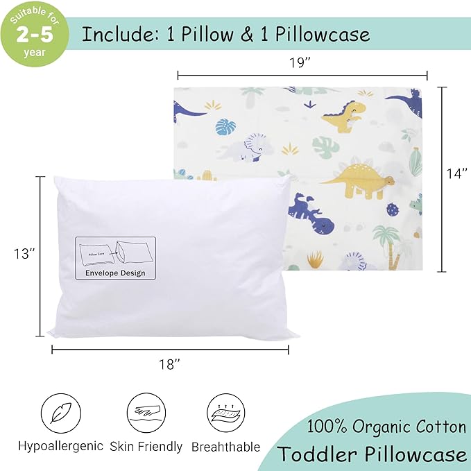 ZPECC Toddler Pillow with Pillowcase - 13x18 Organic Cotton Hypoallergenic Kids Pillow, Baby Essentials for Travel Crib Daycare Stroller (Intended for Age 2 and up) Dinosaur