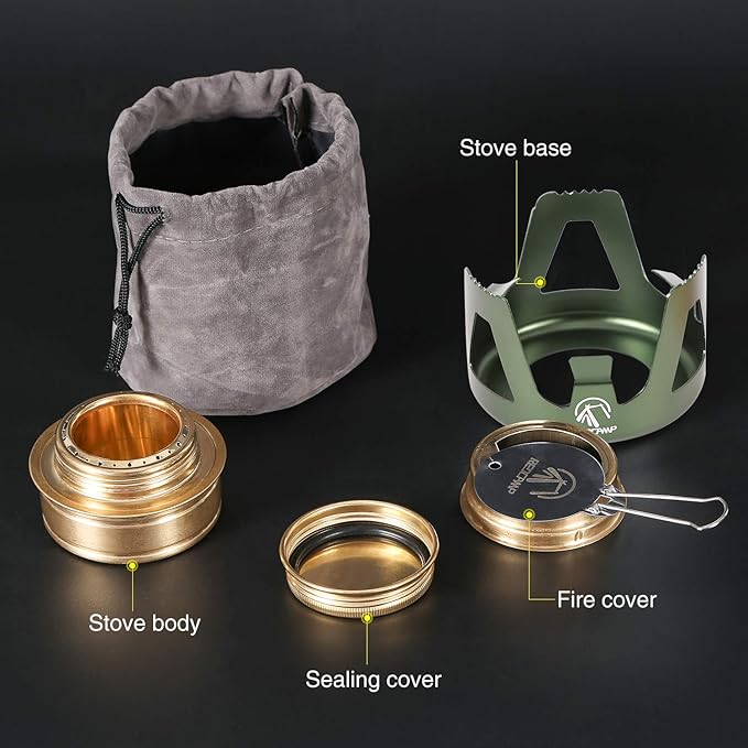 REDCAMP Mini Alcohol Stove for Backpacking, Lightweight Brass Spirit Burner with Aluminium Stand for Camping Hiking, Green