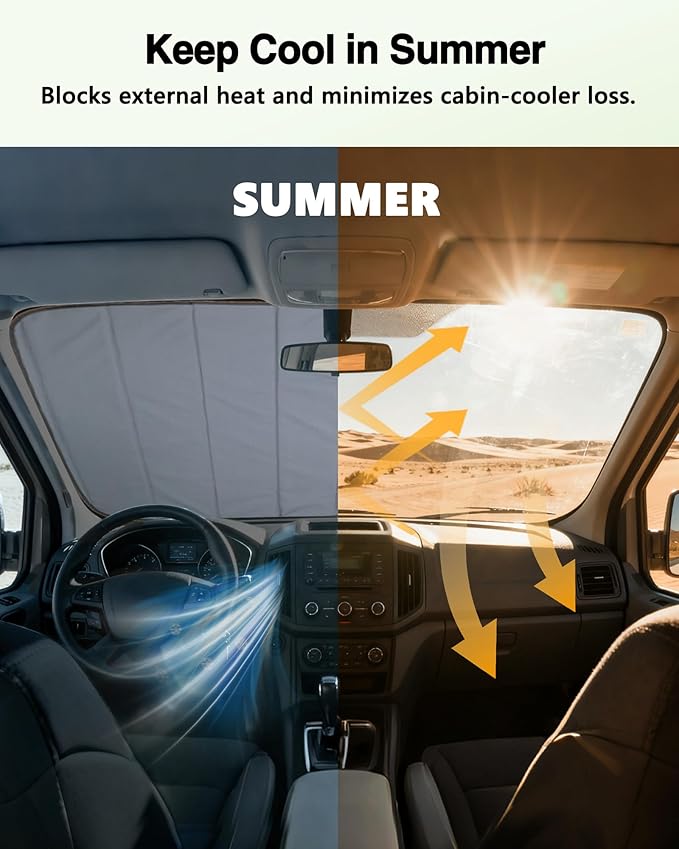 Insulated Blackout Windshield Cover for Privacy & Sun Protection, All-Season Van Life Camping Window Shade, Fit for Ford Transit 150 250 350 Medium/High Roof 2015-2025, Gray