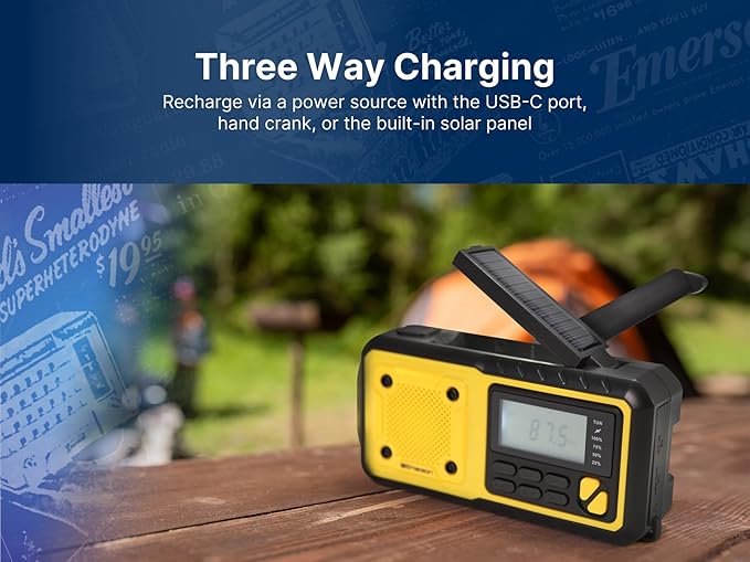 Emerson ER-7051 Emergency AM/FM Radio with NOAA Weather Band, Built-in Power Bank, Hand Crank, Solar Charging, LED Flashlight, and SOS Alarm – Essential Survival Gear for Camping and Emergency Prep
