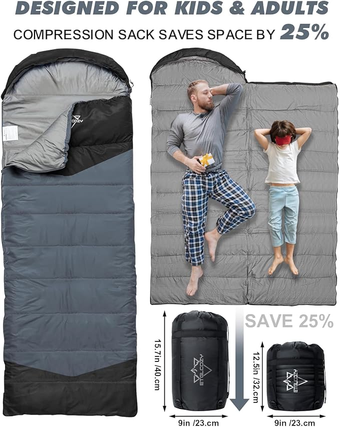Lightweight 3-Season Sleeping Bag for Adults/Kids Camping, Compact w/Compression Sack, Waterproof Ripstop, Portable for Backpacking Hiking Travel