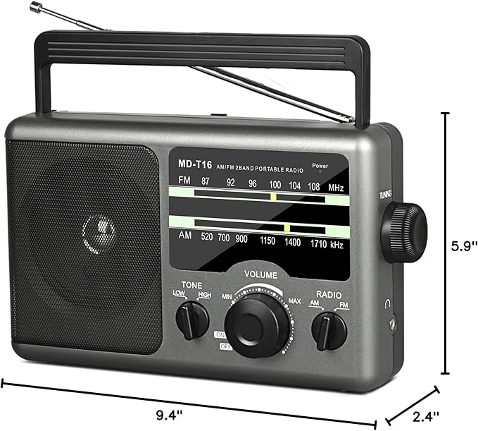 AM FM Portable Radio Battery Operated by 4X D Cell Batteries Or AC Power Transistor Radio with and Big Speaker, Standard Earphone Jack, High/Low Tone Mode, Large Knob