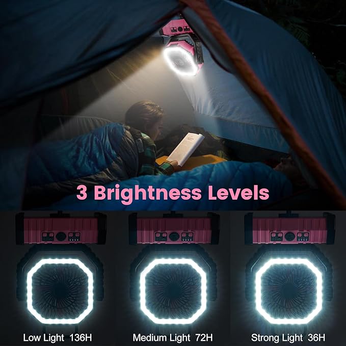 Odoland 30000mAh Camping Fan with LED Lantern, Rechargeable Battery Operated Oscillating with Remote Hook, Portable Tent Fan with Timer, 4 Speeds for Outdoor RV Jobsite Power Outage, Pink