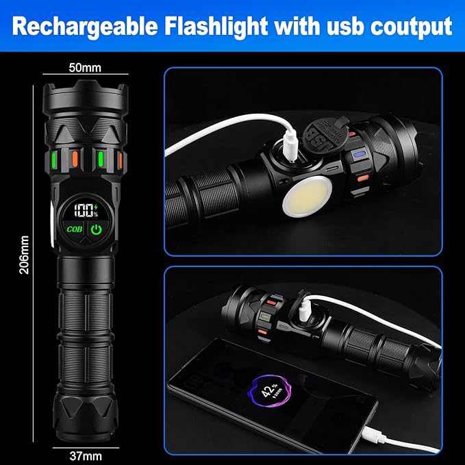 Rechargeable Flashlights High Lumens 5000 Long Distance, Super Bright LED Flash Lights with COB Sidelight USB C LCD Display, Daul Light Source & Buttons with Red Light, for Camping Hiking Emergency