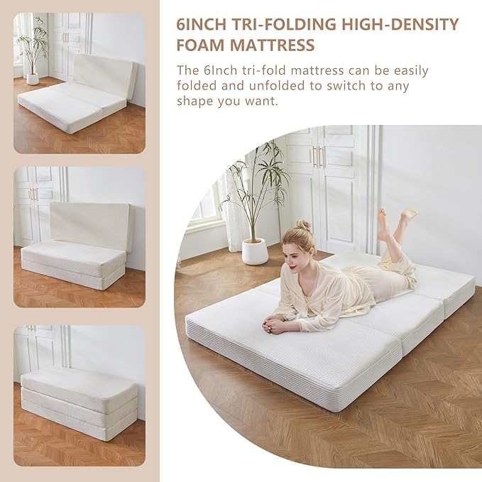 BYBYME Corduroy Tri-Folding Mattress, 6 Inch Gel Folding Mattress Topper, Foldable Soft Guest Bed Camping Pad, Washable Cover (Beige, Queen)