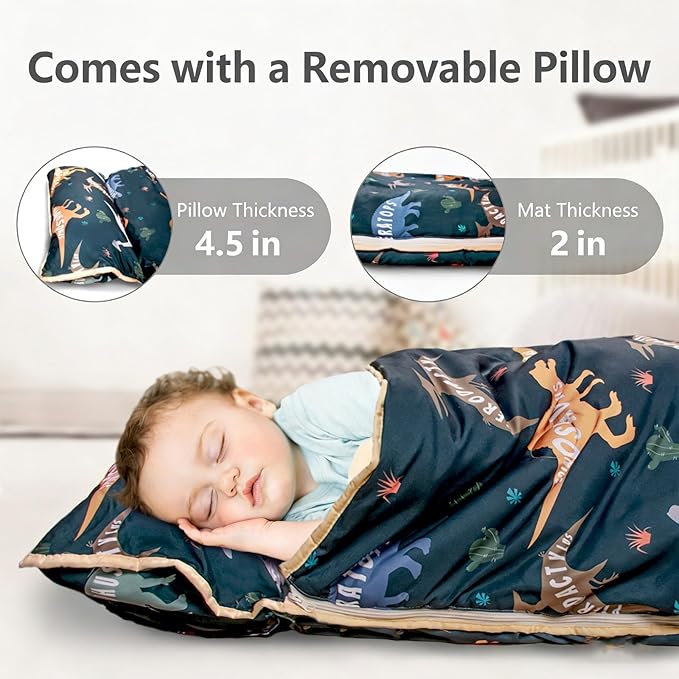 Primlect Toddler Nap Mat Extra Large Thickened 55''x35'', Soft Sleeping Bag with Detachable Minky Blanket and Pillow, Portable for Daycare, Preschool, Kindergarten, Travel, Boys and Girls