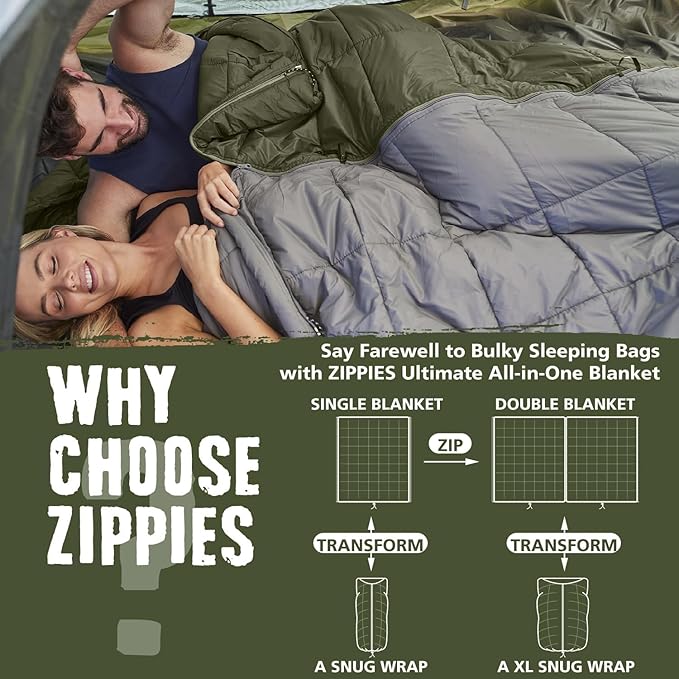 ZIPPIES 3M Thinsulate Insulation Puffy Camping Blanket for Cold Weather, Queen Size Warm Camping Quilt with Zipper, Waterproof Outdoor Sleeping Bag for Hammock, Cozy & Versatile Gift for Men and Women