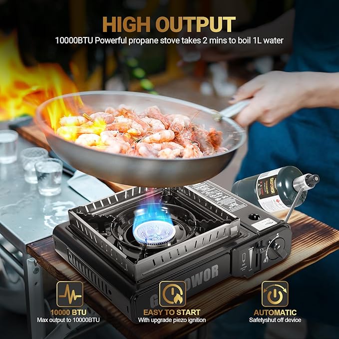 Propane or Butane Stove Dual Fuel Stove Portable Camping Stove, 10,000 BTU Butane Propane Stove with Carrying Case&Windblocker, Automatic Ignition for Emergency Preparedness Kit (Fuel Not Included)