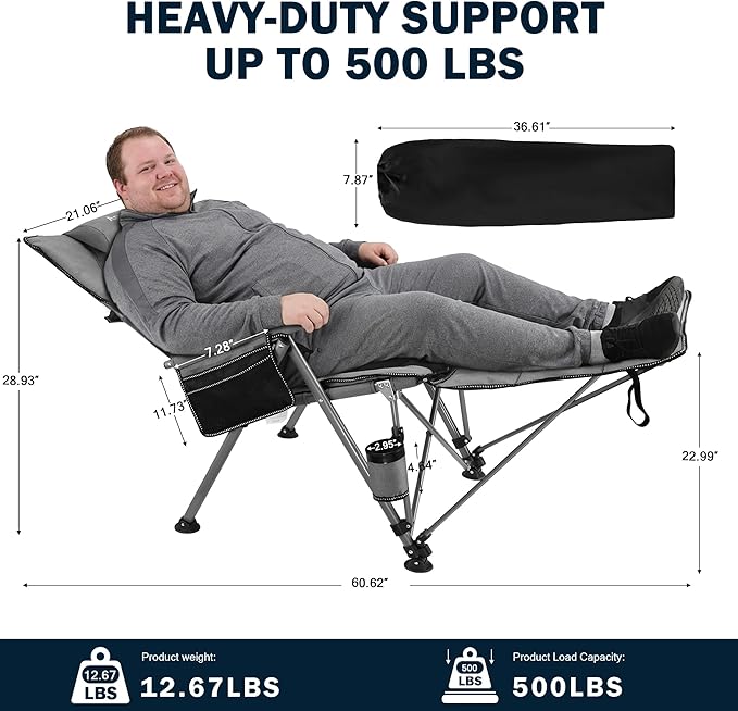 Folding Camping Chair for adults-3-in-1 Heavy Duty Foldable Camp Chair with Detachable Footstool, Padded Pillow, Cup Holder & Carry Bag,5-Speed Adjustable,400 LBS Capacity