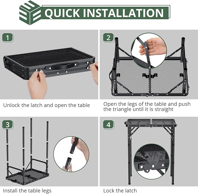 EYPINS 2ft Folding Grill Table with 3 Adjustable Heights Max 27.6'',Aluminum Heat-Resistant Cooking Camping Table,Lightweight Portable Side Table with Handle for Outside Patio BBQ,Black 22.8''x15.7''