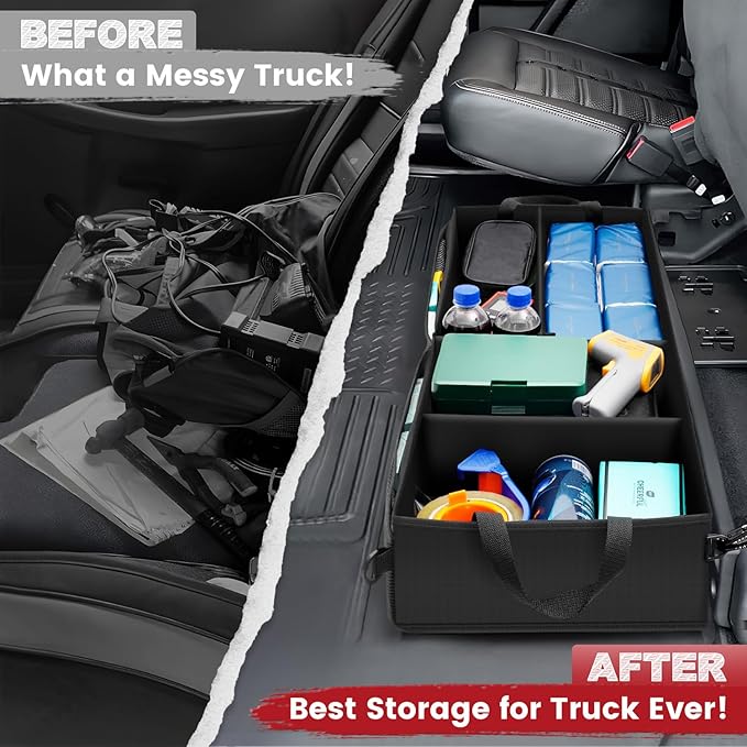 Under Seat Truck Organizer Storage Box with 1 Removable Divider & 5 Storage Mesh Bag, Collapsible Trunk Organizer for Car, SUV, Truck, or Van(Full Size Trucks) Two large storage compartments