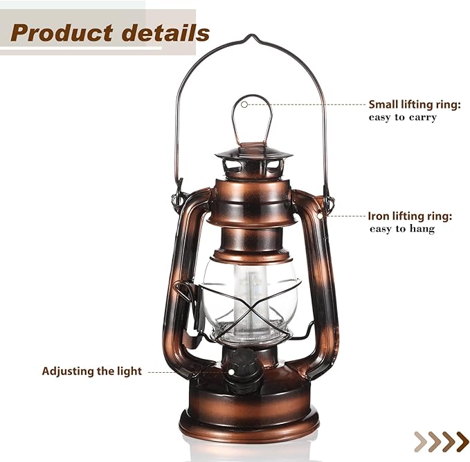 Hortsun 4 Pcs 8 Inch Vintage LED Hurricane Lantern Warm LEDs and Dimmer Switch Battery Operated Farmers Hanging Lantern for Indoor Outdoor Camping Usage Decor
