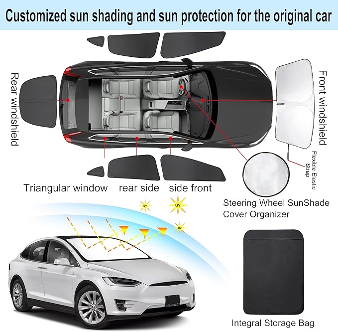 8PCS Windshield Sun Shade Custom Fit for 2016-2024 2025 Tesla Model X Accessories Foldable Sunshade Side Rear Window Shade Cover Full Set Privacy Protection Keeps Car Cool