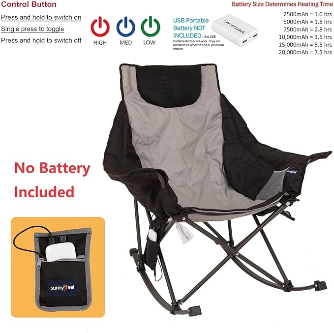 SUNNYFEEL Oversized Heated Rocking Camping Chair 2 Pack, Fully Padded Patio Chair with Side Pocket, High Back Portable Lawn Recliner with Carry Bag, Outdoor Rocker Chair for Adults Heavy Duty 500 LBS