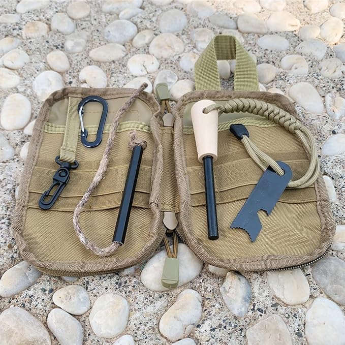 Fire Starter Survival Kit, Larger Ferro Rod with Striker Lanyard 3in Long Flint and Steel, 13.8in Wick Hemp Cord, Multifunctional Bag