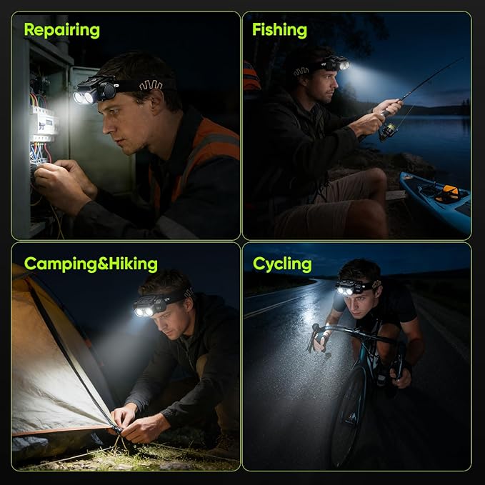 KINGBRO 2Pcs Headlamp, LED Headlamp Rechargeable, High Lumens Bright Head Light with USB-C, Waterproof Sensor Head Lamp for Hard Hat, Running Light for Camping Hiking Fishing (2Pack)